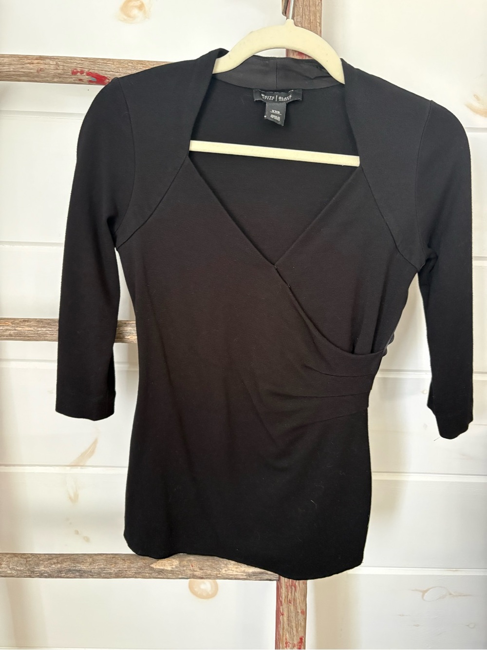 White House Black Market Black Surplice Long-Sleeve Dress Top